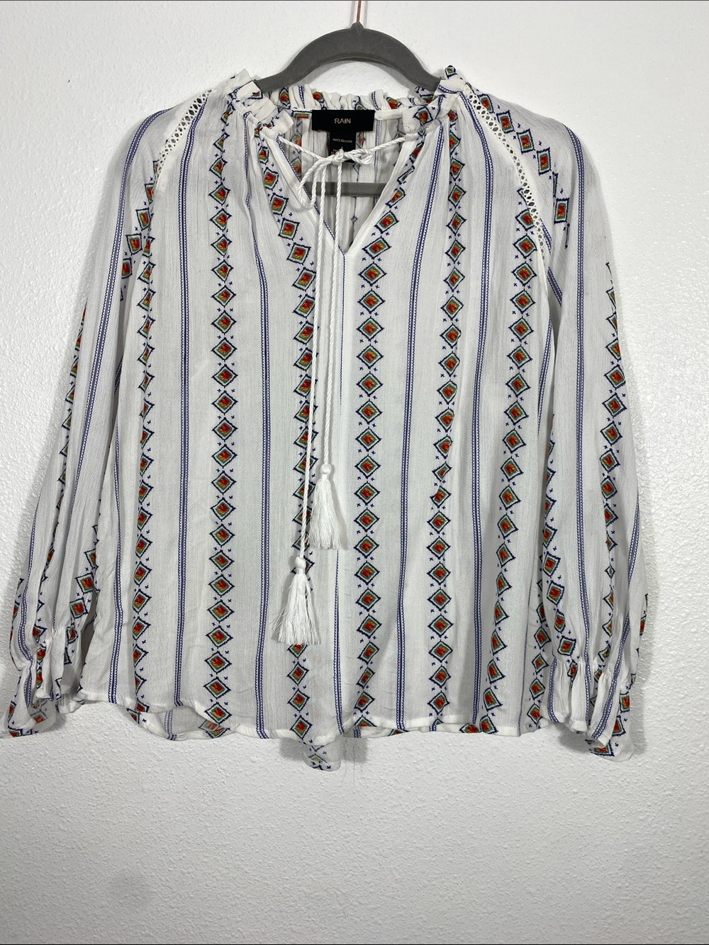 Sloan White Embroidered Tassel Peasant Blouse- White with Multicolor 100%Viscose